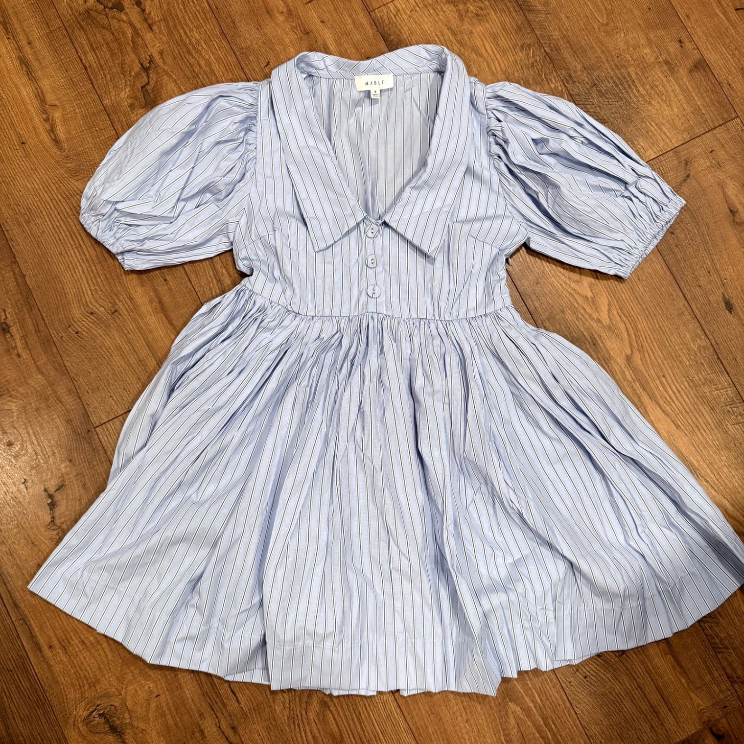 Mabel Blue White Striped Mini Dress Puff Sleeve Women's Small S V Neck Collar
